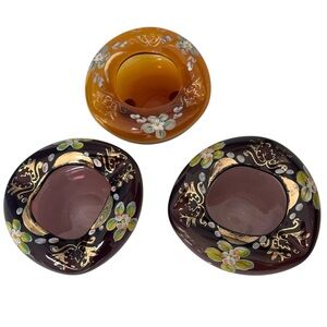 Trio of Bohemian Czech Blown Glass Floral Bowls Ashtrays Purple Amber Gold Leaf